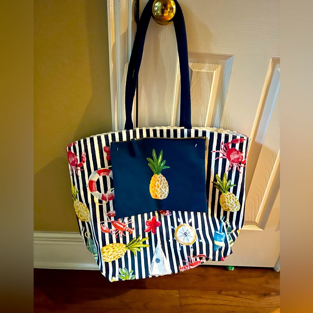 Large beach bag with smaller zipper bag for inside.  Cute design. Canvas